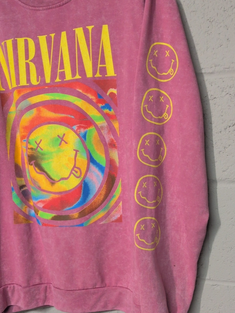 Nirvana Smile Overdyed Oversized Crew Neck Sweatshirt, Hot Pink, Size XL - Picture 3 of 5